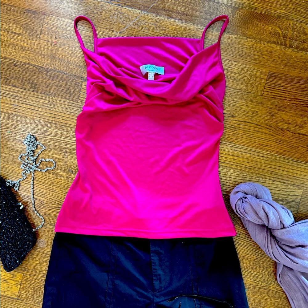 Mexx drape neck fitted silky top in fuschia with spaghetti straps - size S, EUC